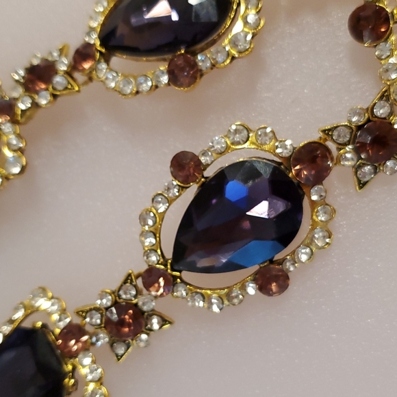 Purple amber and clear rhinestones goldtone statement necklace NIB wedding prom - Picture 7 of 10